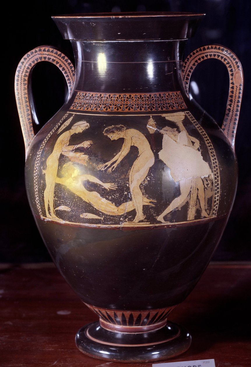 Attic ceramic amphora with white figures representing a woman bath scene. Attributed to Andokides (6th century BC) by Painter Andokides