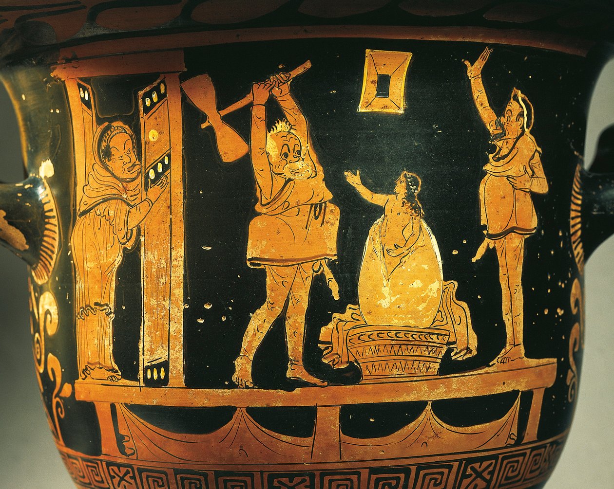Apulian krater with scene of theatre, caricature of birth of Helen in egg, attributed to Dijon painter, red-figure pottery, (detail) by Painter Dijon
