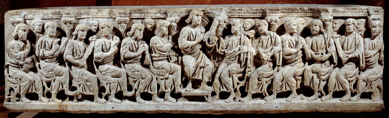 Paleochristian art: carved sarcophagus depicting Christ teaching with the atres by Paleo Christian