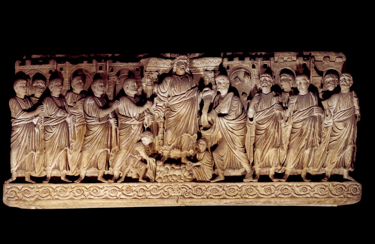 Paleochristian art: carved sarcophagus representing Christ with the apostles. from the Basilica of St. Peter in Rome, mausoleum of the Anicii. 390-400 AD. Paris, Louvre Museum by Paleo Christian