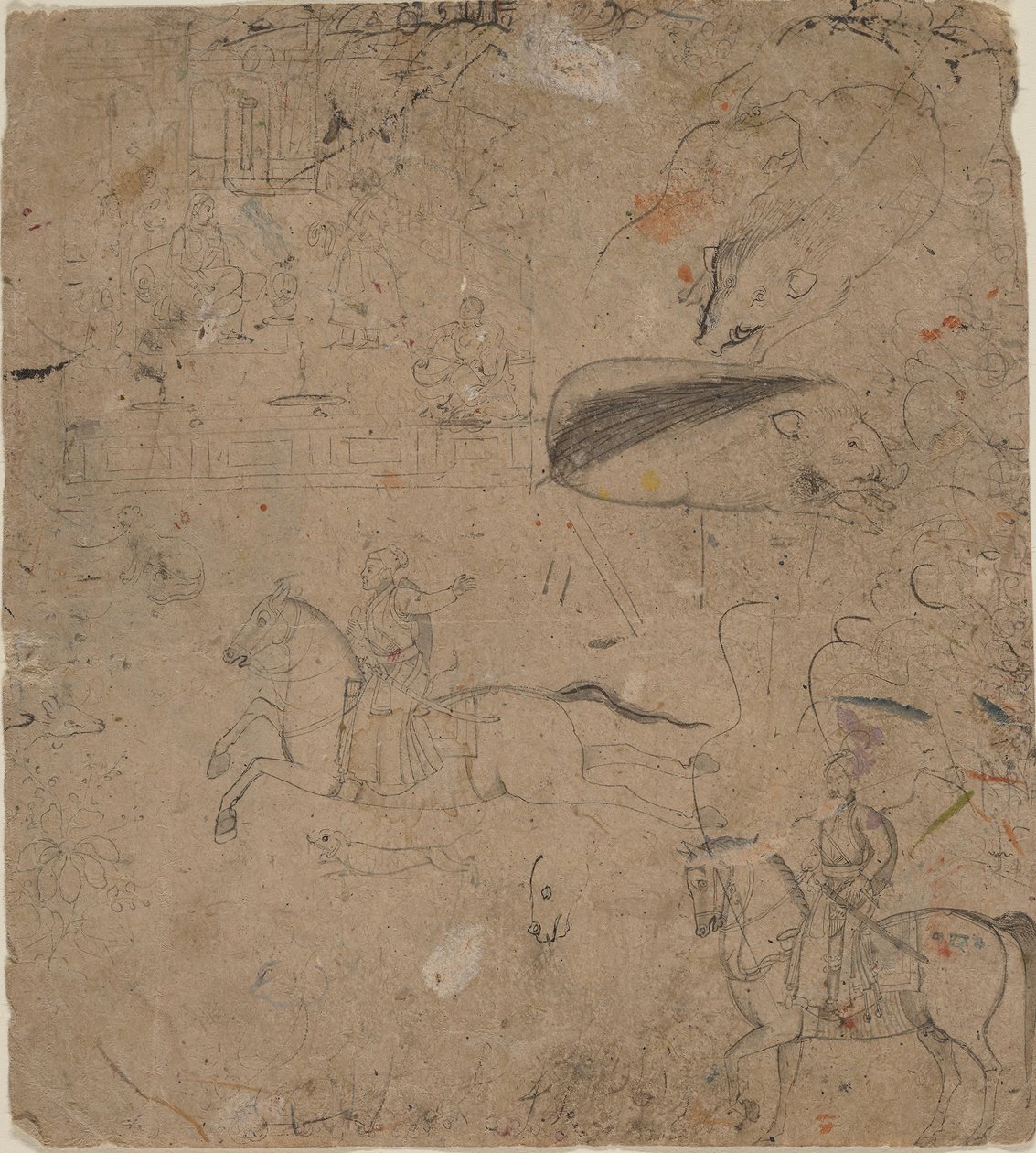 Page from a Sketchbook Showing Rulers on Horseback, Boars, and a Palace Scene by Pandit Seu