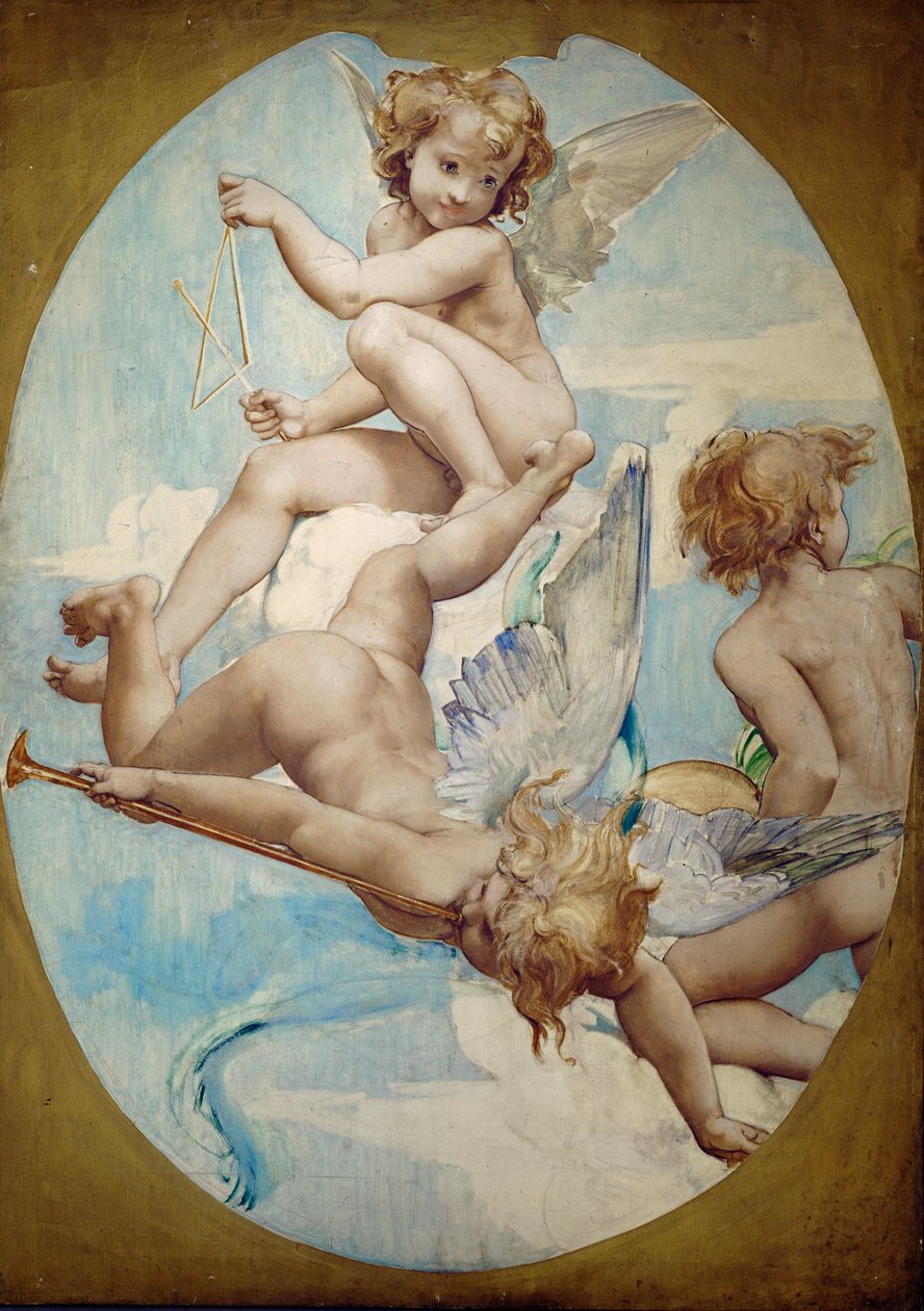 Oval Panels in the Grand Foyer Show Putti with Musical Instruments: Trumpet, Triangle and Cymbals by Paul Baudry