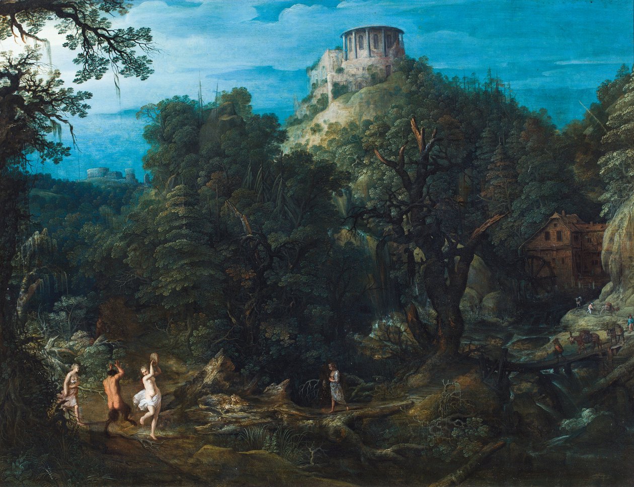 A thickly wooded landscape with the Temple of Vesta at Tivoli and a satyr and nymphs dancing in a valley by Paul Brill or Bril