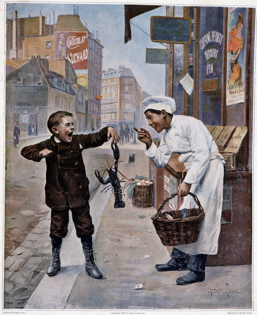 Young cook making fun of a kid pinched by a lobster - drawing by Chocarne-Moreau by Paul Charles Chocarne Moreau