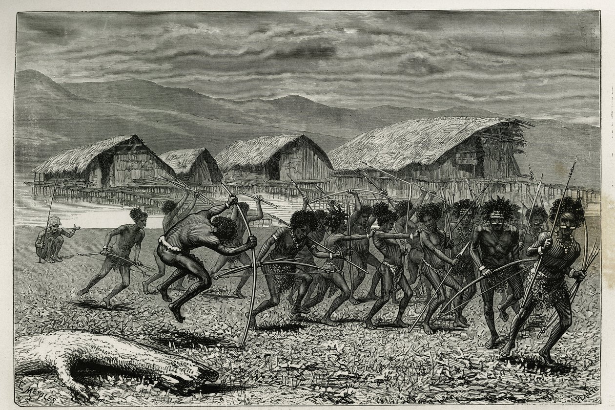 Descent of the Papus Arfaks Warriors in Dorey (New West Guinea) (engraving by E. Mesples, to illustrate the voyage to New Guinea by Achille Raffray, 1876-1877) by Paul Eugene (after) Mesples
