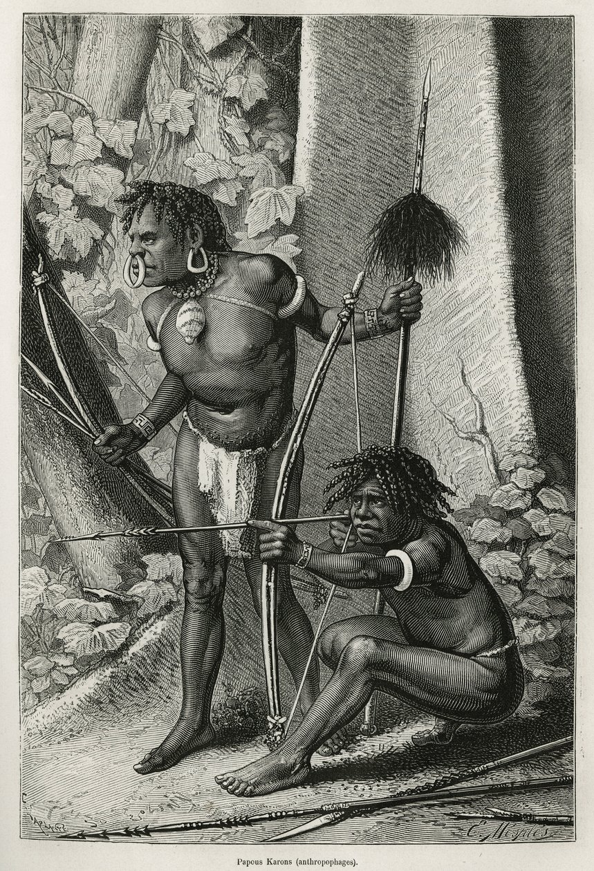 Portraits of two Papous Karons, anthropophages, engraving by E.Mesples, to illustrate the voyage to New Guinea by Achille Raffray, entrusted with a scientific mission by the Ministry of Public Education, in 1876-1877, published in the tour du monde, under by Paul Eugene (after) Mesples
