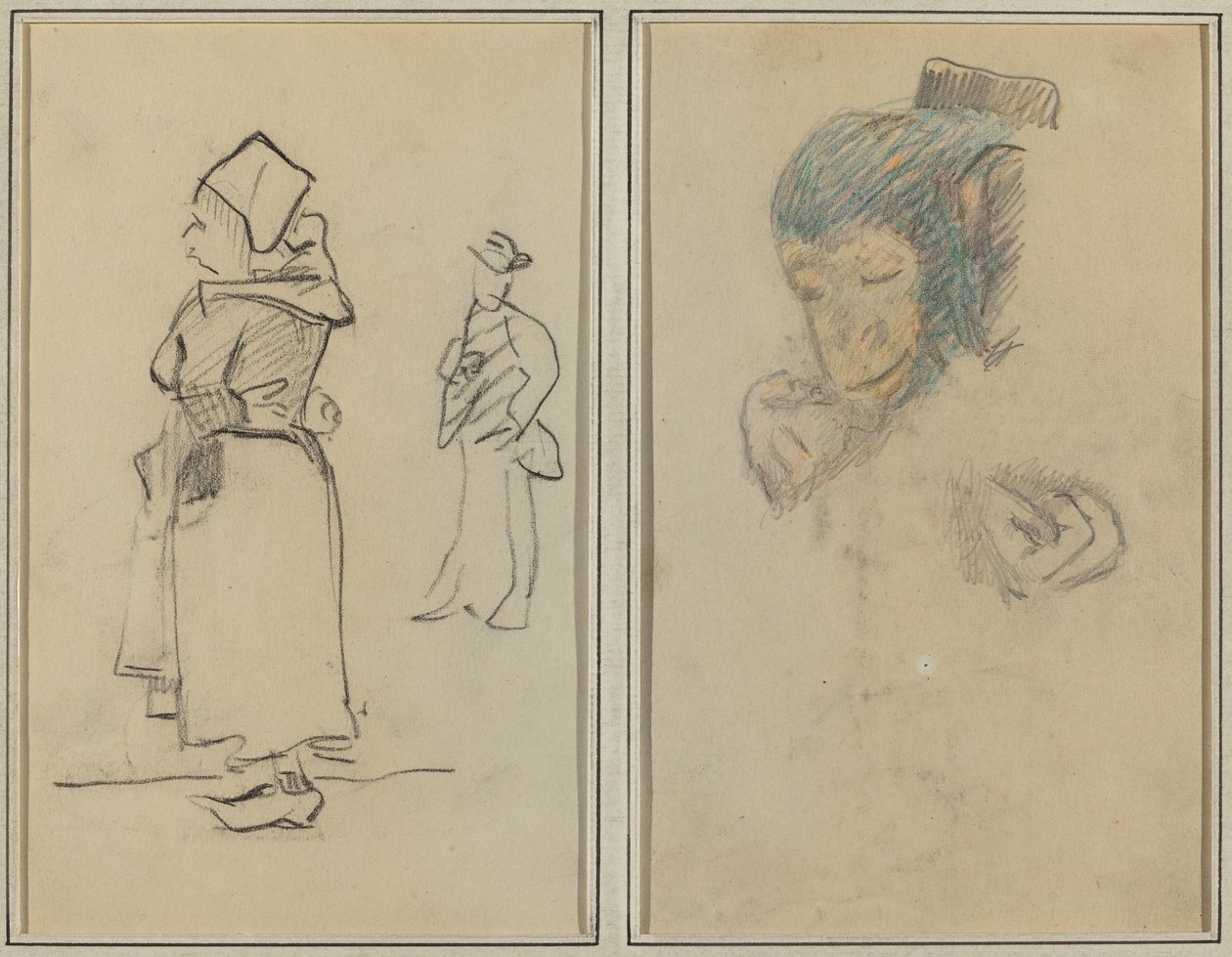 A Breton Woman and a Standing Man; Head and Hand of a Monkey by Paul Gauguin