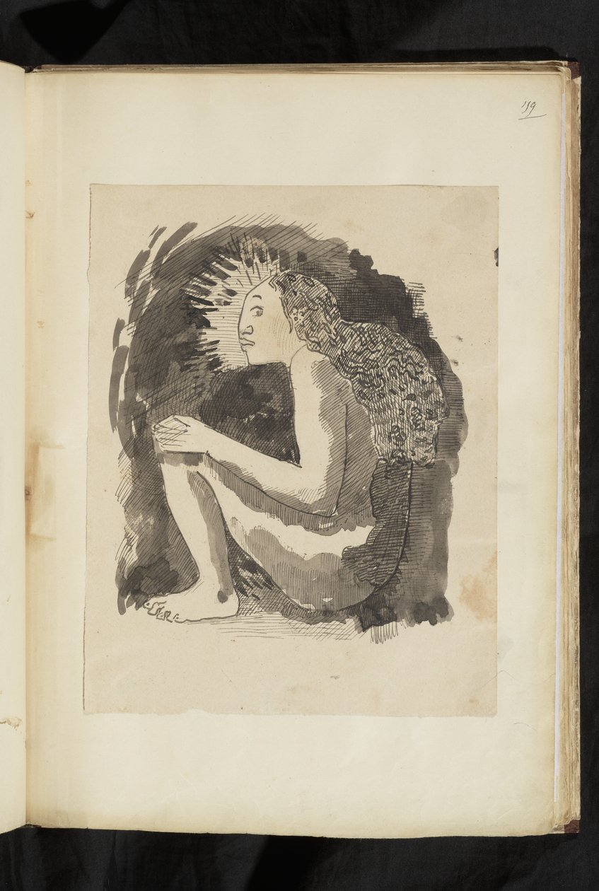 Avant et après - drawing of a nude native woman seated, in profile, her knees drawn up by Paul Gauguin
