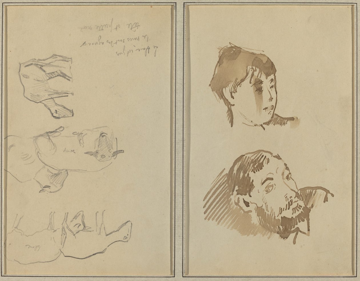 Five Sheep; Head of a Woman and Head of a Bearded Man by Paul Gauguin