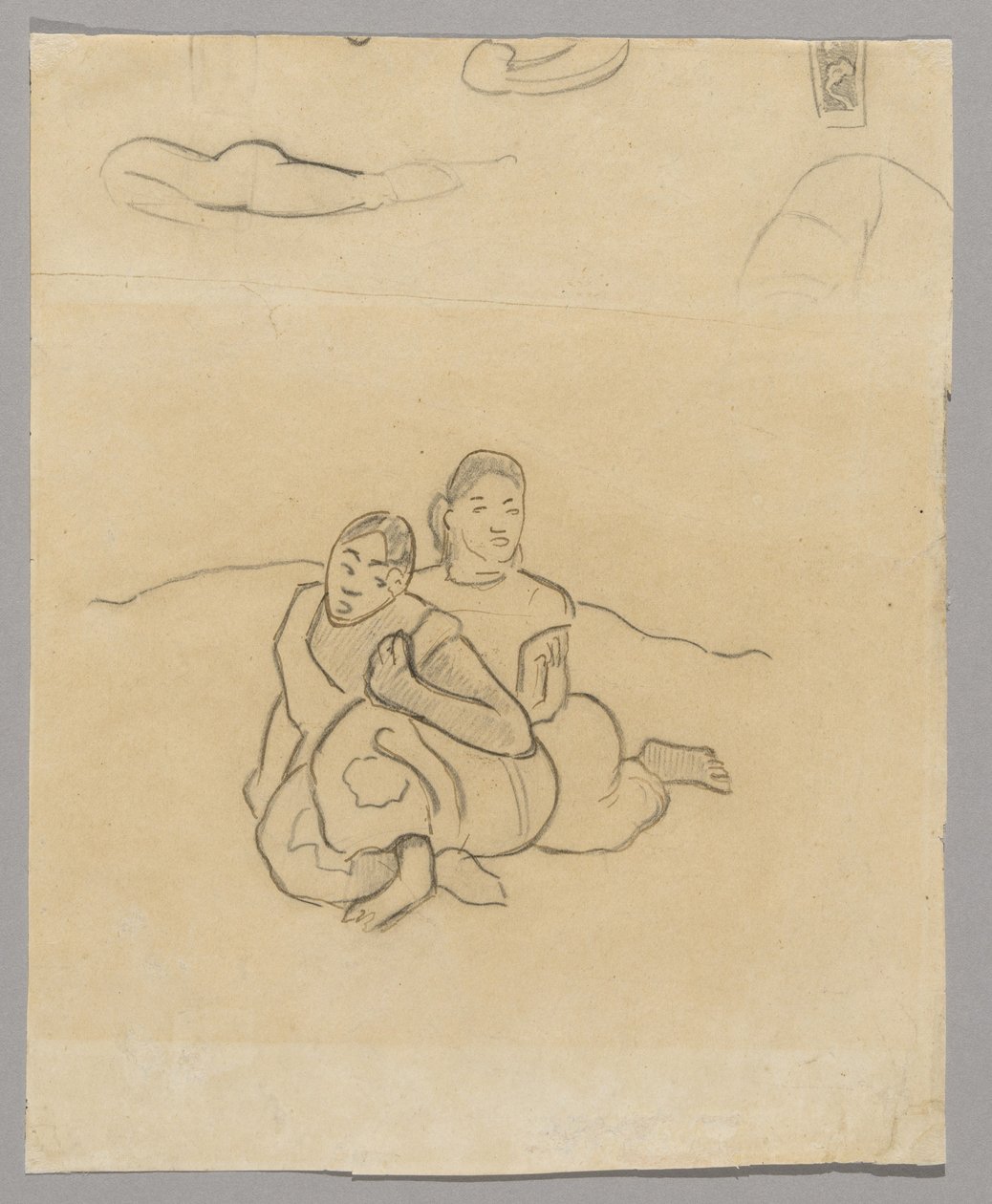 Fragments of Bodies, a Decorative Design and Two Crouching Tahitian Women in a Landscape Related to Nafea Faaipoipo by Paul Gauguin