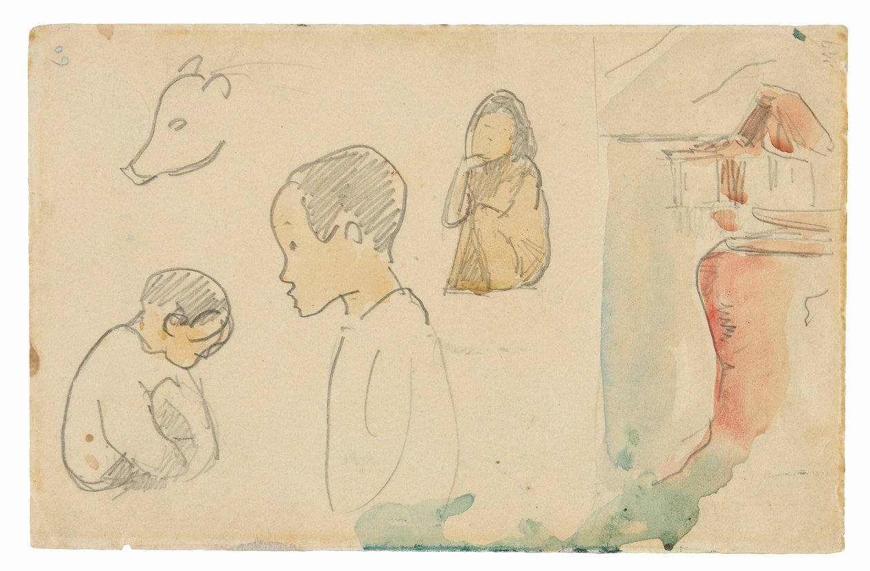 Sketches of Crouching and Standing Figures, a Pig, and a Hut at Water’s Edge by Paul Gauguin