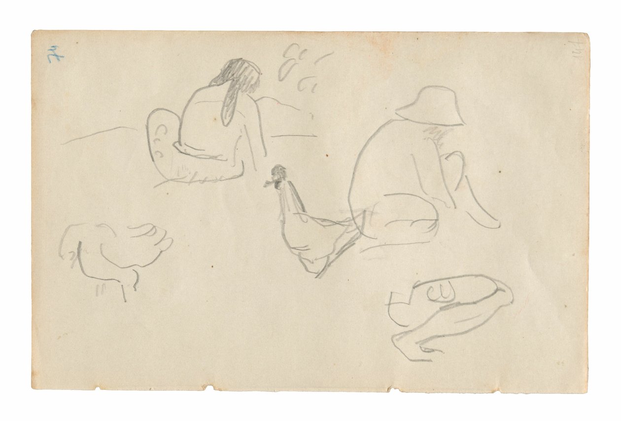 Sketches of Seated Figures and Chickens (recto), Nude Female Torso (related to the painting Te a no areois [The Seed of the Areoi]) (verso), from the Carnet de Tahiti (Tahitian sketchbook) by Paul Gauguin