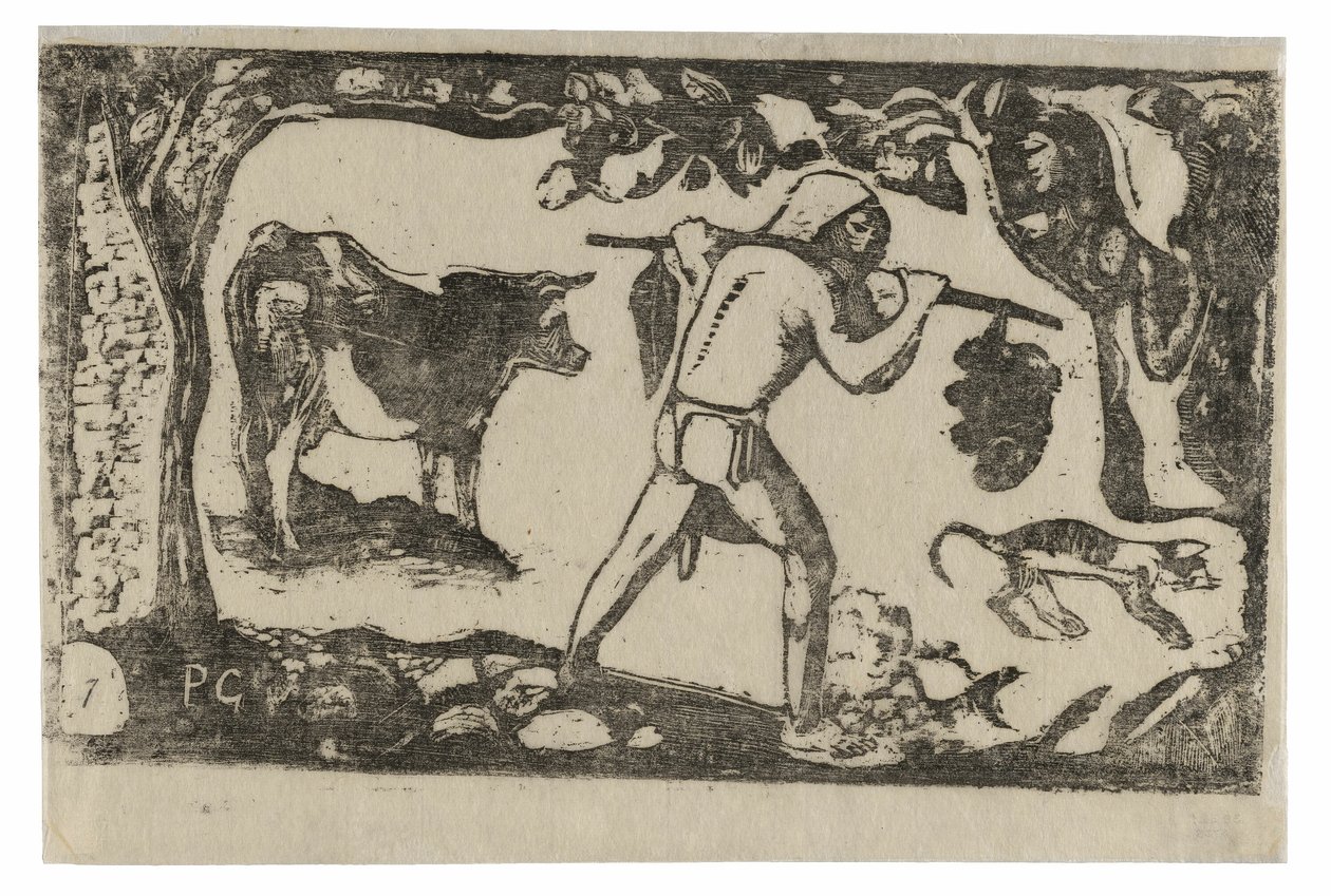 Tahitian Carrying Bananas, from the Suite of Late Wood-Block Prints by Paul Gauguin