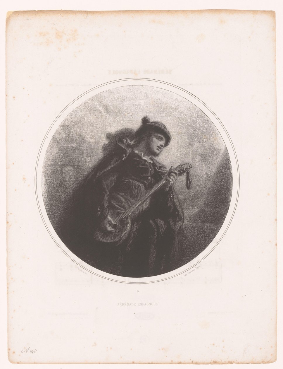 Man with Banjo Singing and Playing a Serenade (series: Illustrations of the Songs of Jeanne Gavarni) by Paul Gavarni