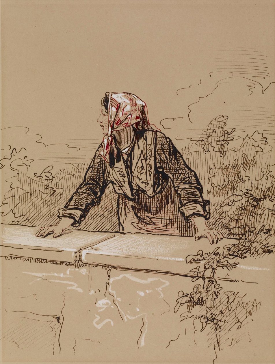 Peasant Woman Leaning on Wall by Paul Gavarni