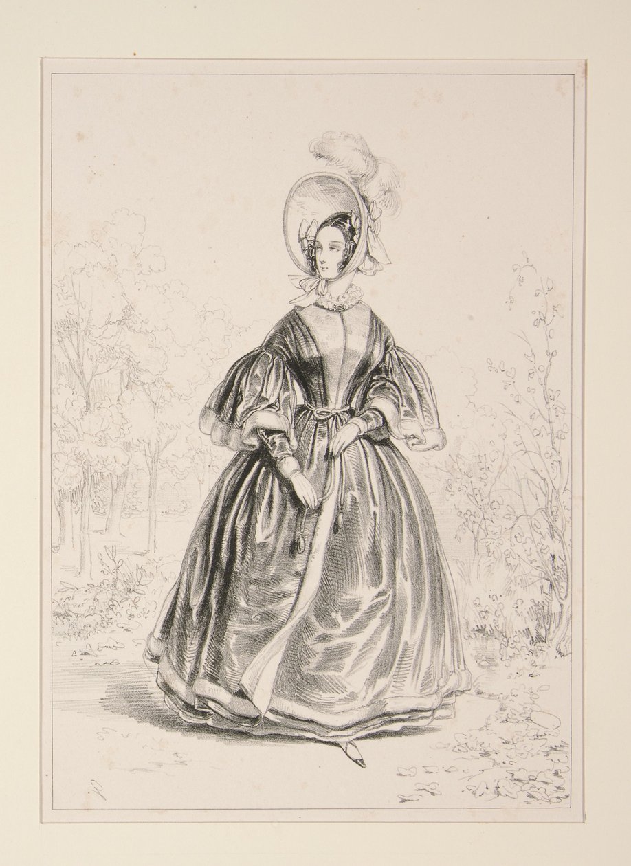 Pelisse in grosgrain fabric, lined with satin and trimmed with crêpe. Plush hat. by Paul Gavarni