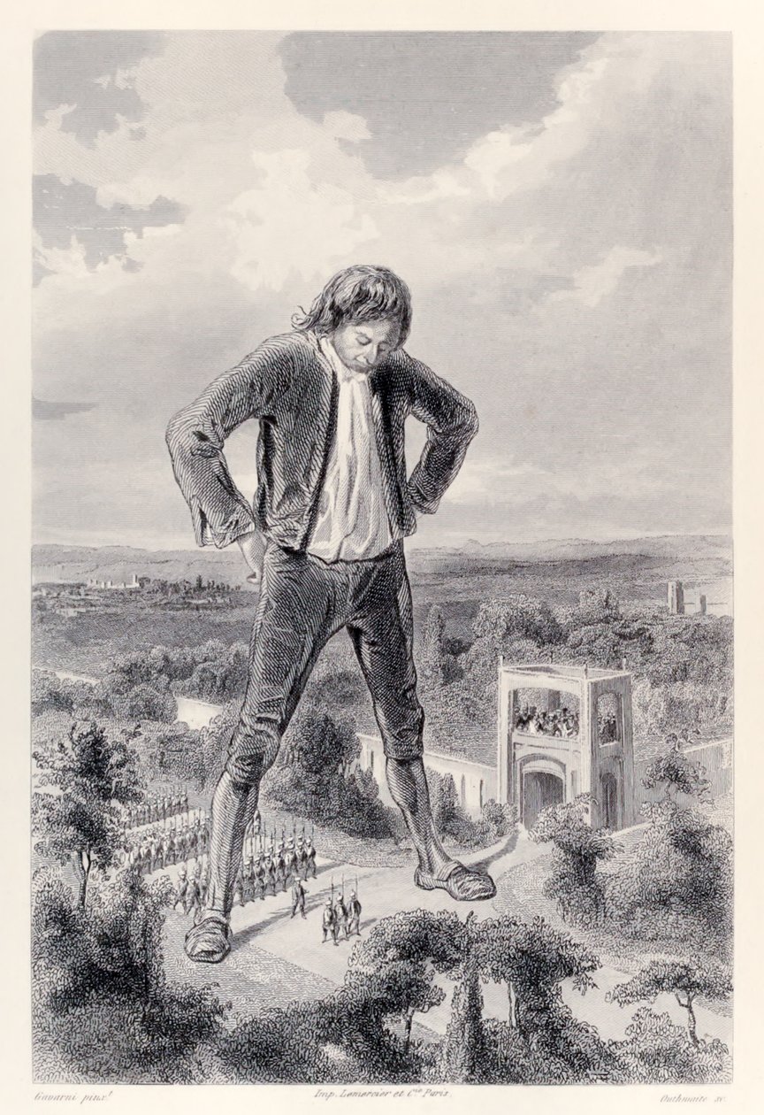 The Lilliputian Army March Between the Legs of Gulliver, from French Edition of Gulliver