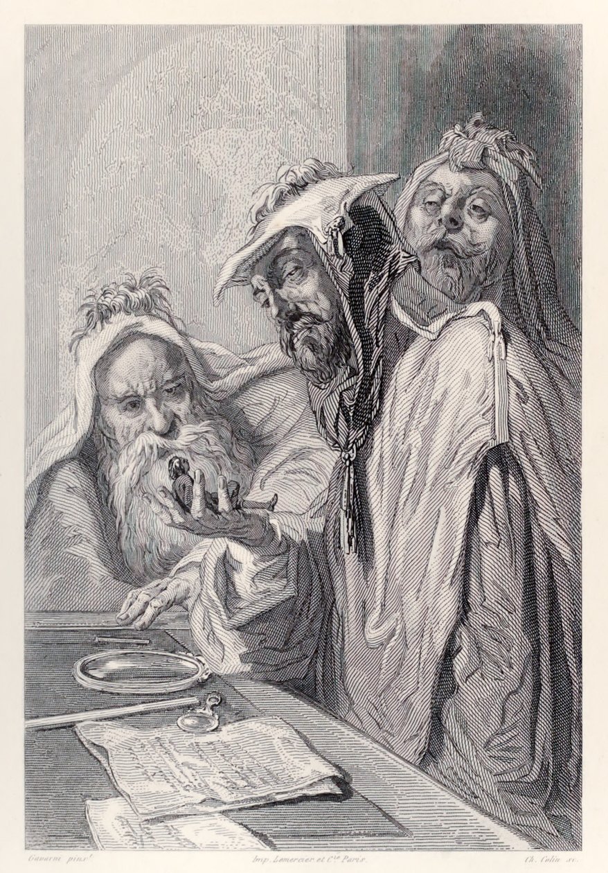 The Scientists of Lordbruldrud Examine Gulliver, from French Edition of Gulliver