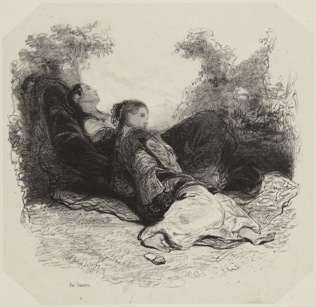 Two Women Resting in Garden by Paul Gavarni