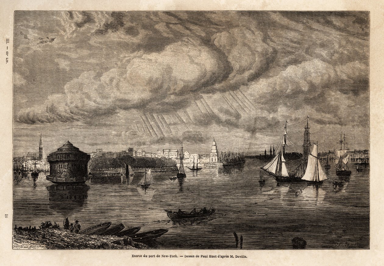 The entrance to the port of New York, drawing by Paul Huet, to illustrate the voyages to North America in 1854-1855, by L. Deville. Engraving in 