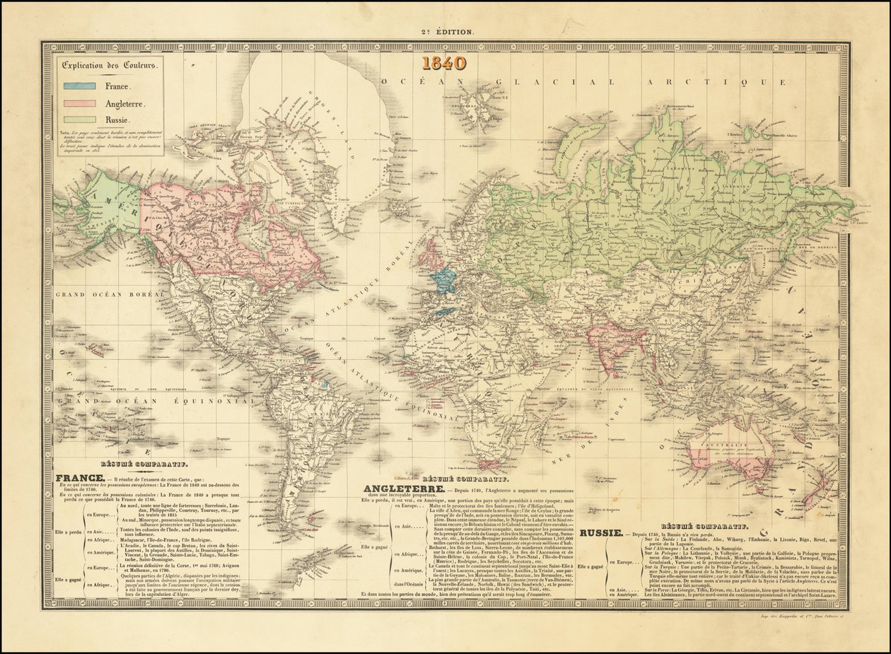 1840 French Map of the World Depicting the Territories of the British, French and Russian Empires by Paul Kaeppelin