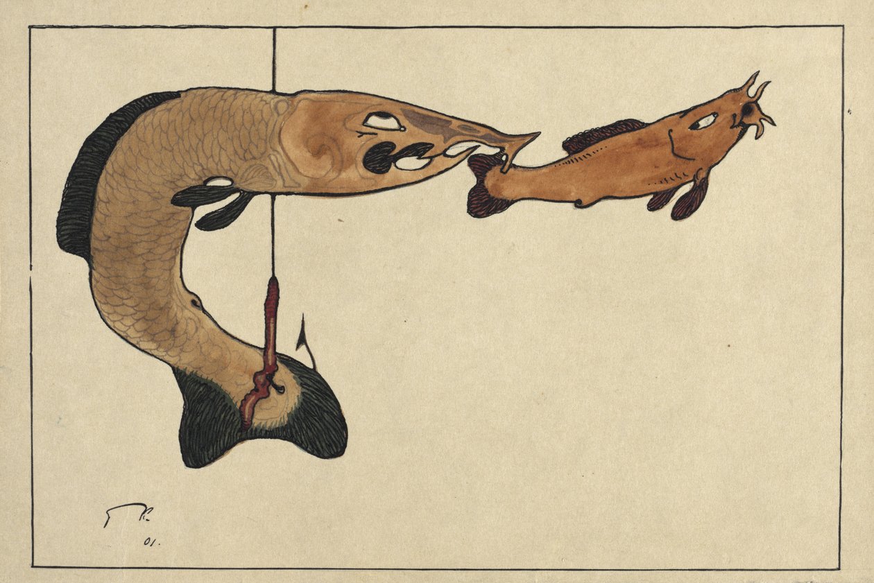 Untitled: Two fishes, one on a hook, 1901 by Paul Klee