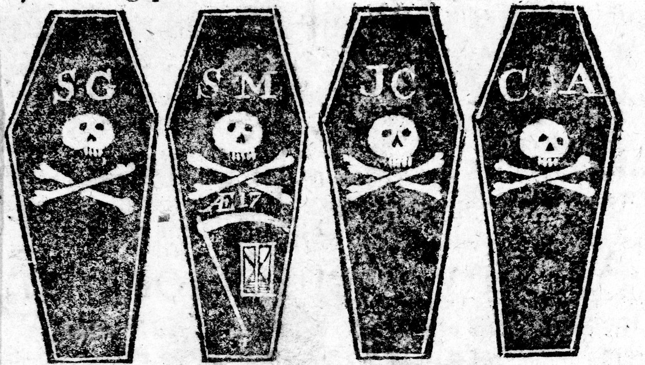 Drawing of the Four Coffins from the Boston Massacre, Printed in the Boston Gazette, 12th March 1770 by Paul Revere
