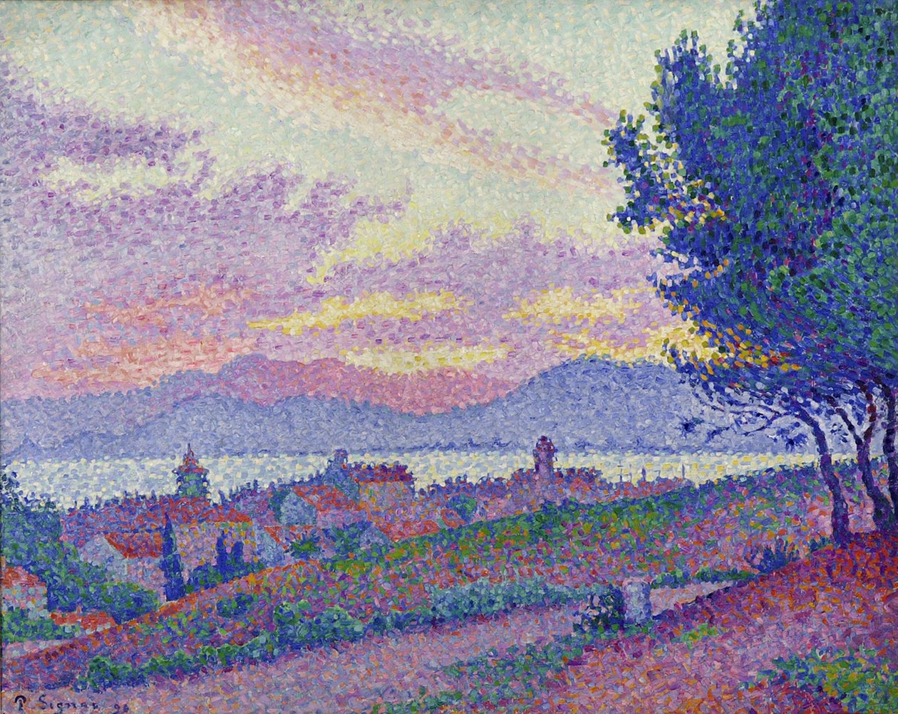 View of Saint-Tropez, sunset in the pine forest