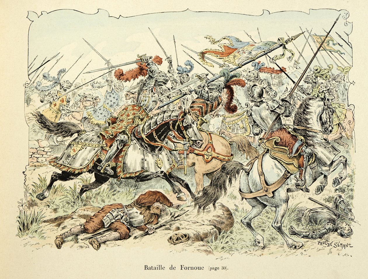 Illustration from the Book Histoire du Chevalier Bayard by Theodore Cahu, Illustrated by Paul De Semant: Battle of Fornoua 1495 by Paul de Semant