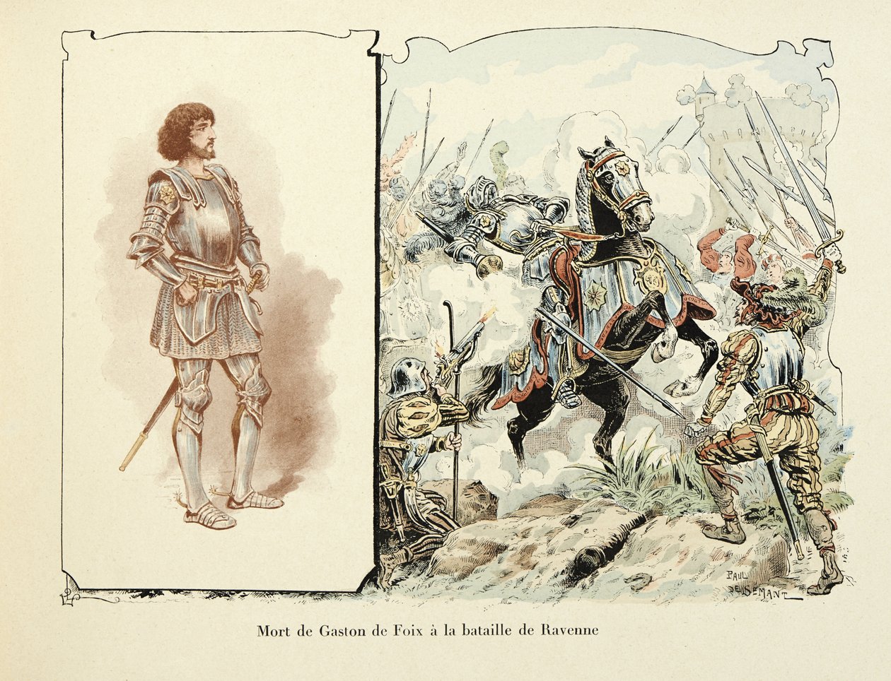 Illustration taken from the book Histoire du chevalier Bayard by Theodore Cahu, illustrated by Paul De Semant: Death of Gaston de Foix at the Battle of Ravenna by Paul de Semant