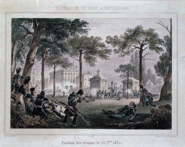 Troops in the Parc Royal, Brussels, 25th September 1830, engraved by Dewasme-Pletinckx by Paulus (after) Lauters