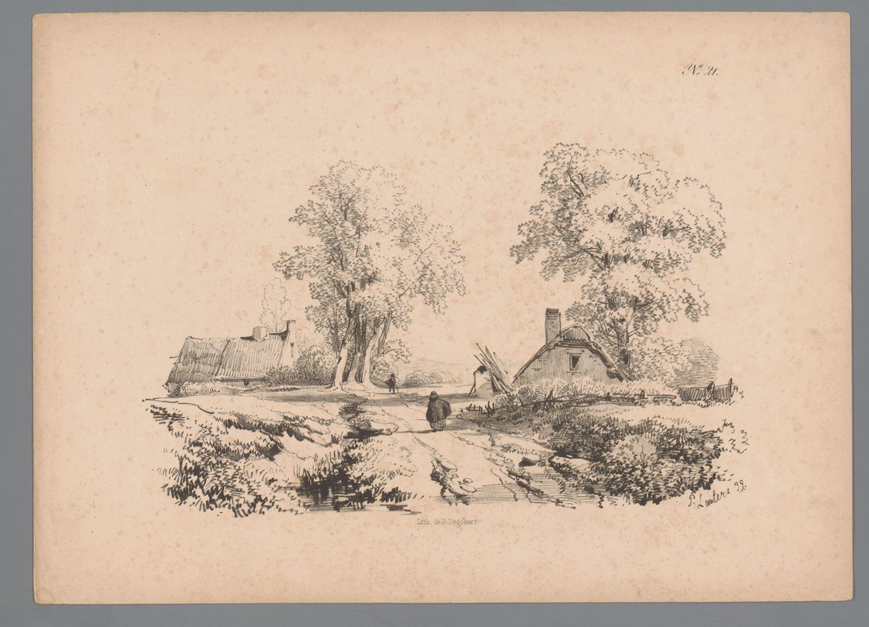 Landscape with Two Houses and Two Figures on a Road (Landscape Studies by Paulus Lauters) by Paulus Lauters