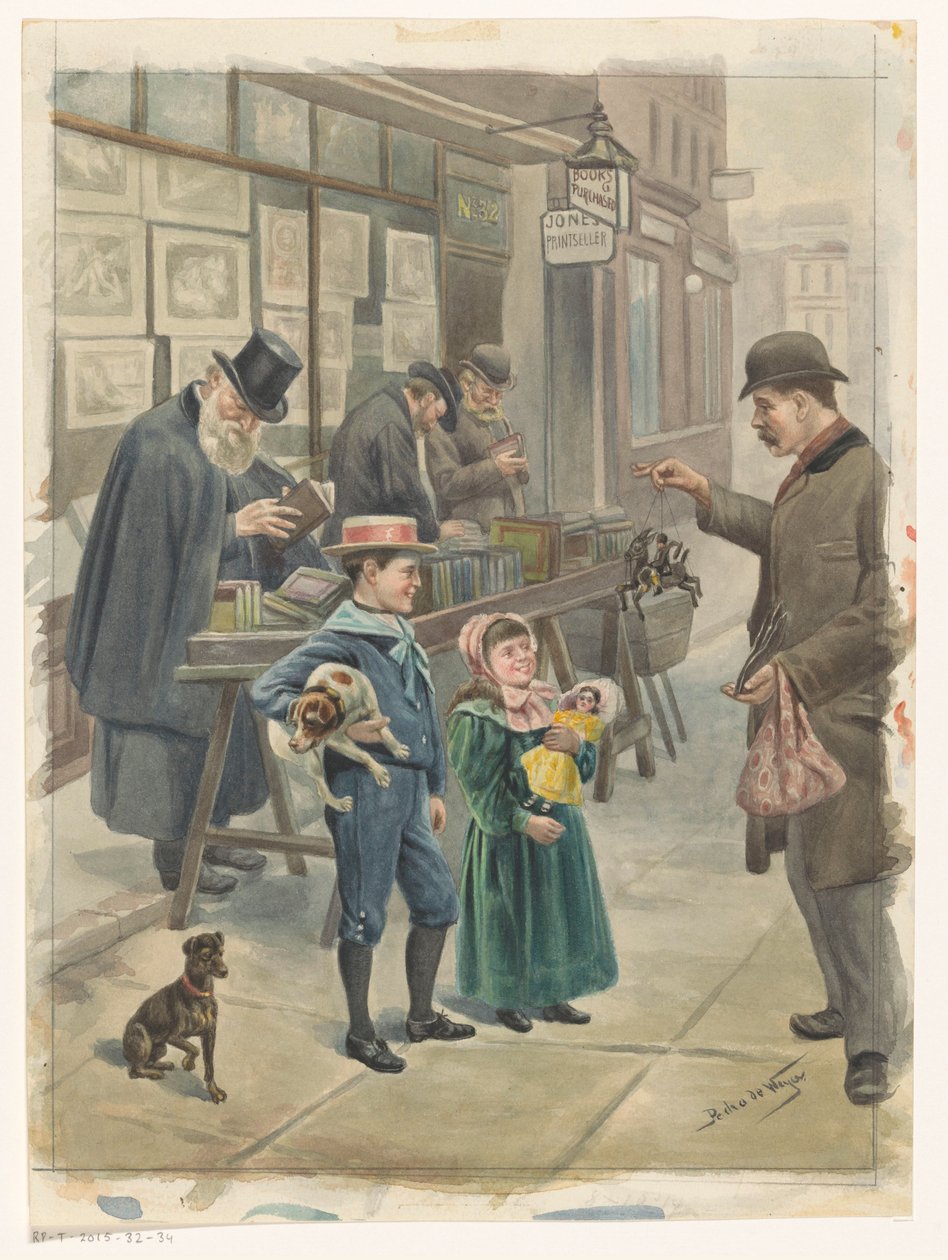 Man Showing Two Children Toys on the Steps of a Print Shop by Pedro de Weyer