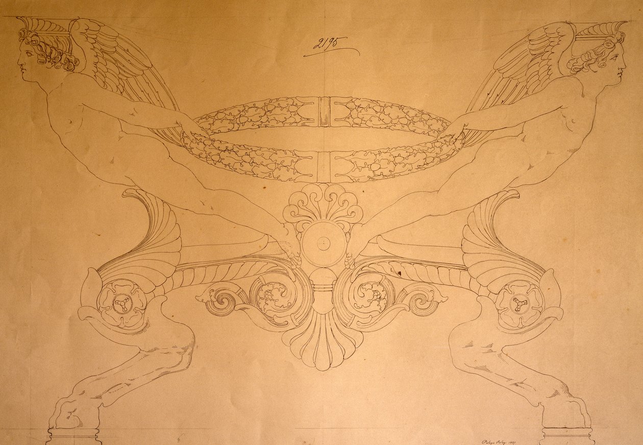Drawing of hoof-shaped stool with legs, c.1837 by Pelagio Palagi