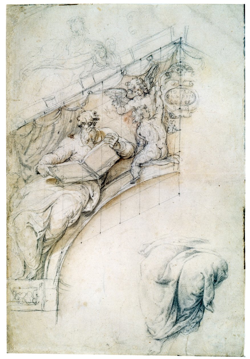 Decoration of a Wall Over an Entrance Arch with a Prophet and Two Puttos, c1525 by Perino del Vaga