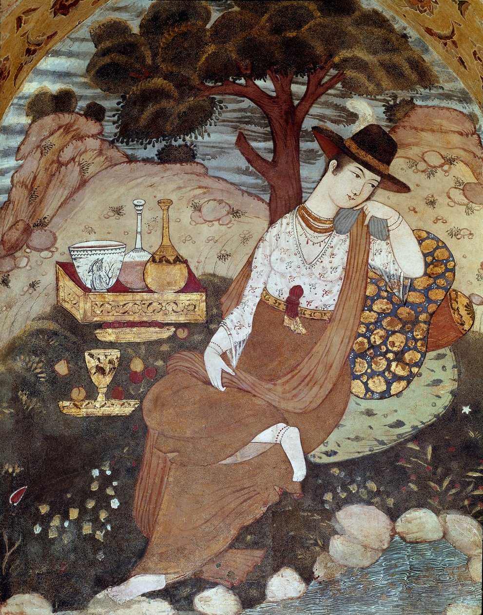 A Persian princess under the rule of Abbas I, resting 17th century. Fresco from the Palace of the 40 Columns (Chehel Sotoun) in Isfahan, Iran. by Persian School
