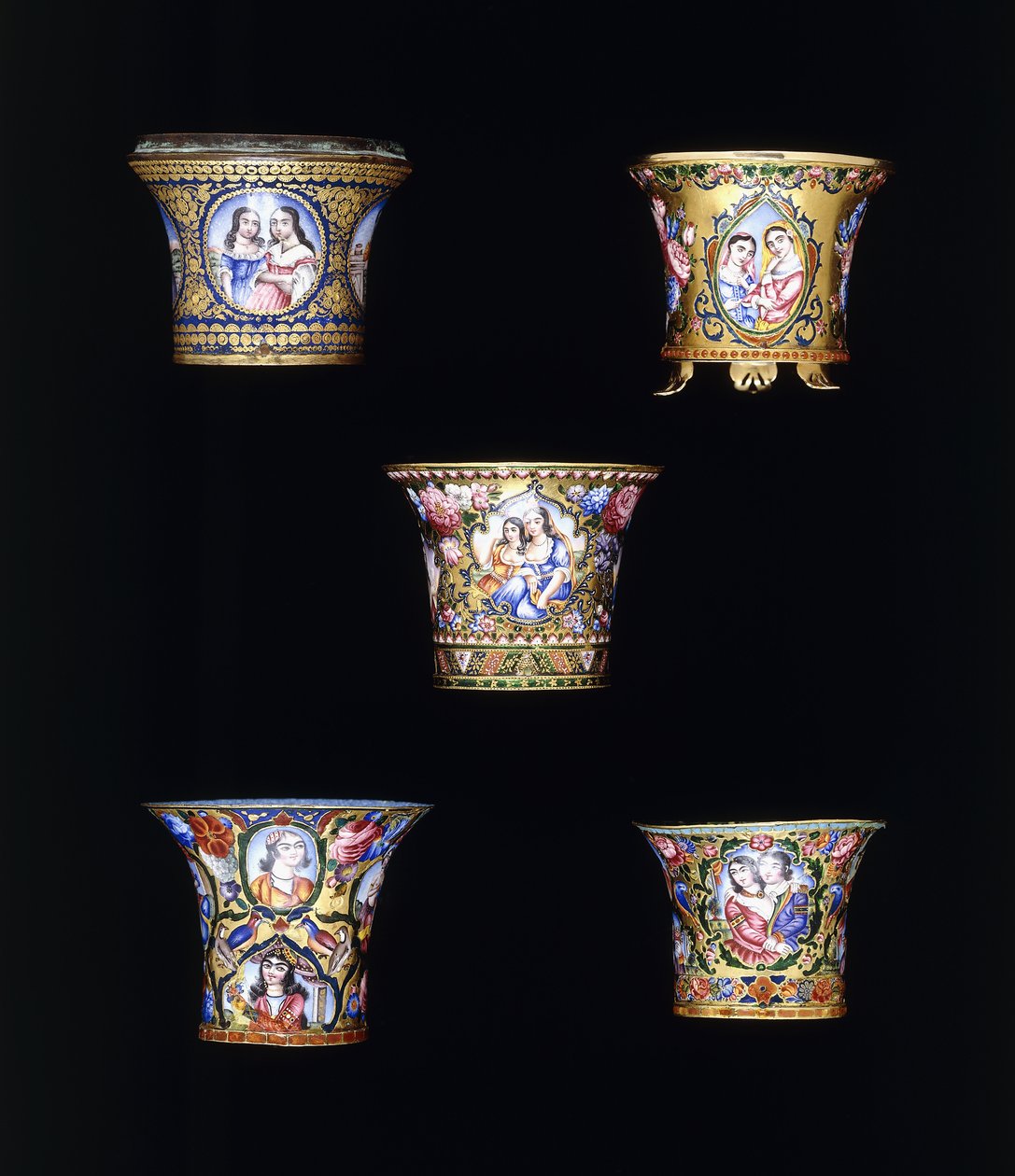 A selection of Qajar enameled gold nargileh bowls, painted with single or double portrait panels, 19th century by Persian School