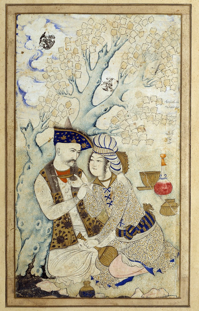 Islamic Art: Portrait of Shah Abbas I embracing one of his pages. Persian drawing of 1672. Dim: 0,16 x 0,27m. Paris, Musee Du Louvre by Persian School