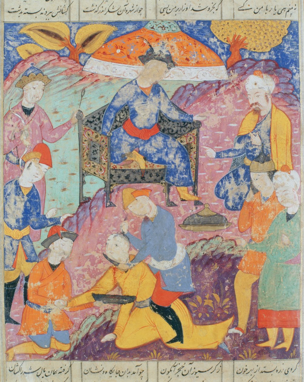 Beheading of Syjawiusz, illustration from the 'Shahnama' (Book of Kings ...