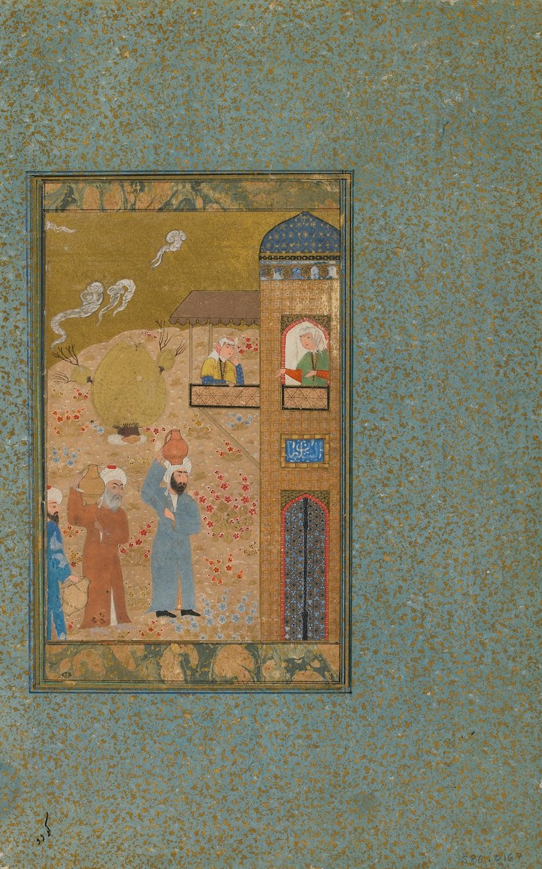 Two Men Carrying Pitchers Approach a Building