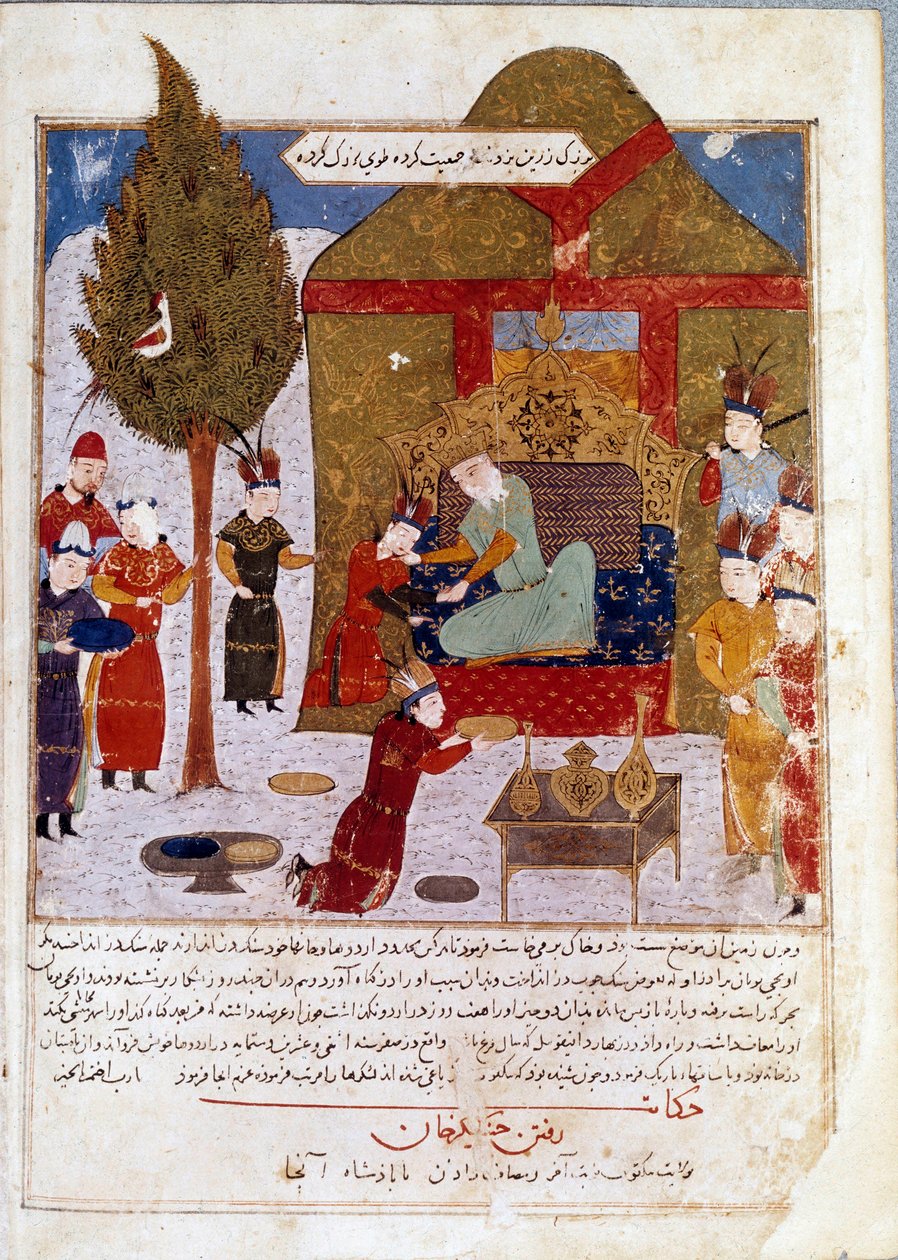 Mongolian Emperor Genghis Khan on his throne in a camp near Ilmil with his grandsons Quibalai and Hule Gu by Persian School