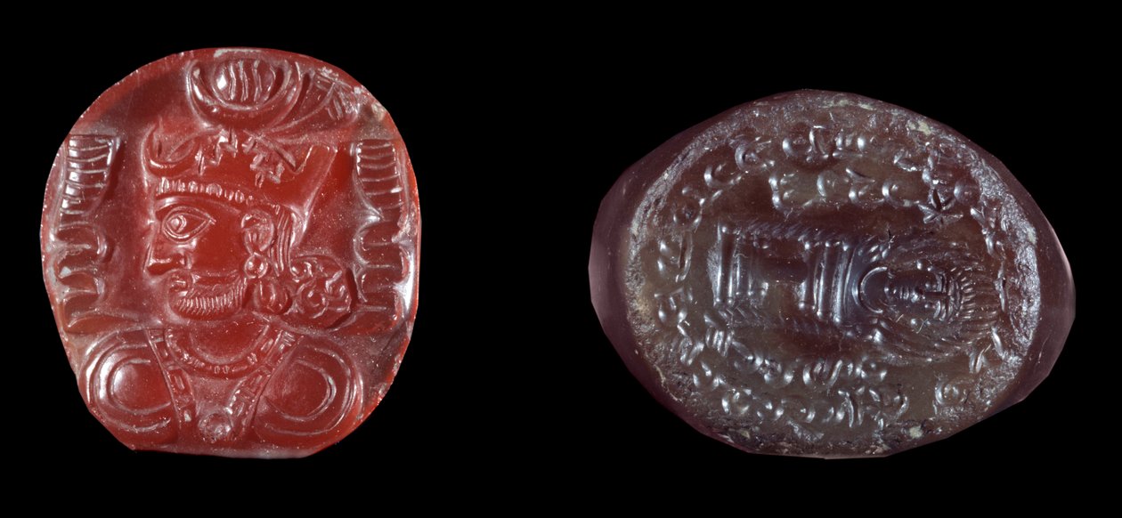 Persian art: cameo of Kavadh I (or Qobad, Kobad, Kabad) (488-496 AD) king of the second Persian empire and agate stamp of the Sassanid period. 5th or 6th century AD. Paris, B.N. by Persian School