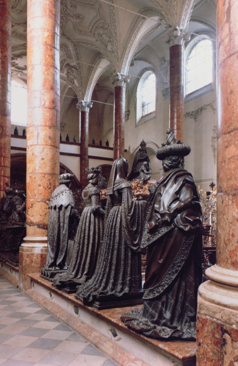 Tomb of Maximilian I (1459-1519) view of four bronze figures of mourners, possibly ancestors, relatives or contemporaries, the design attributed to Gilg Sesselschreiber by Peter (workshop of) Vischer