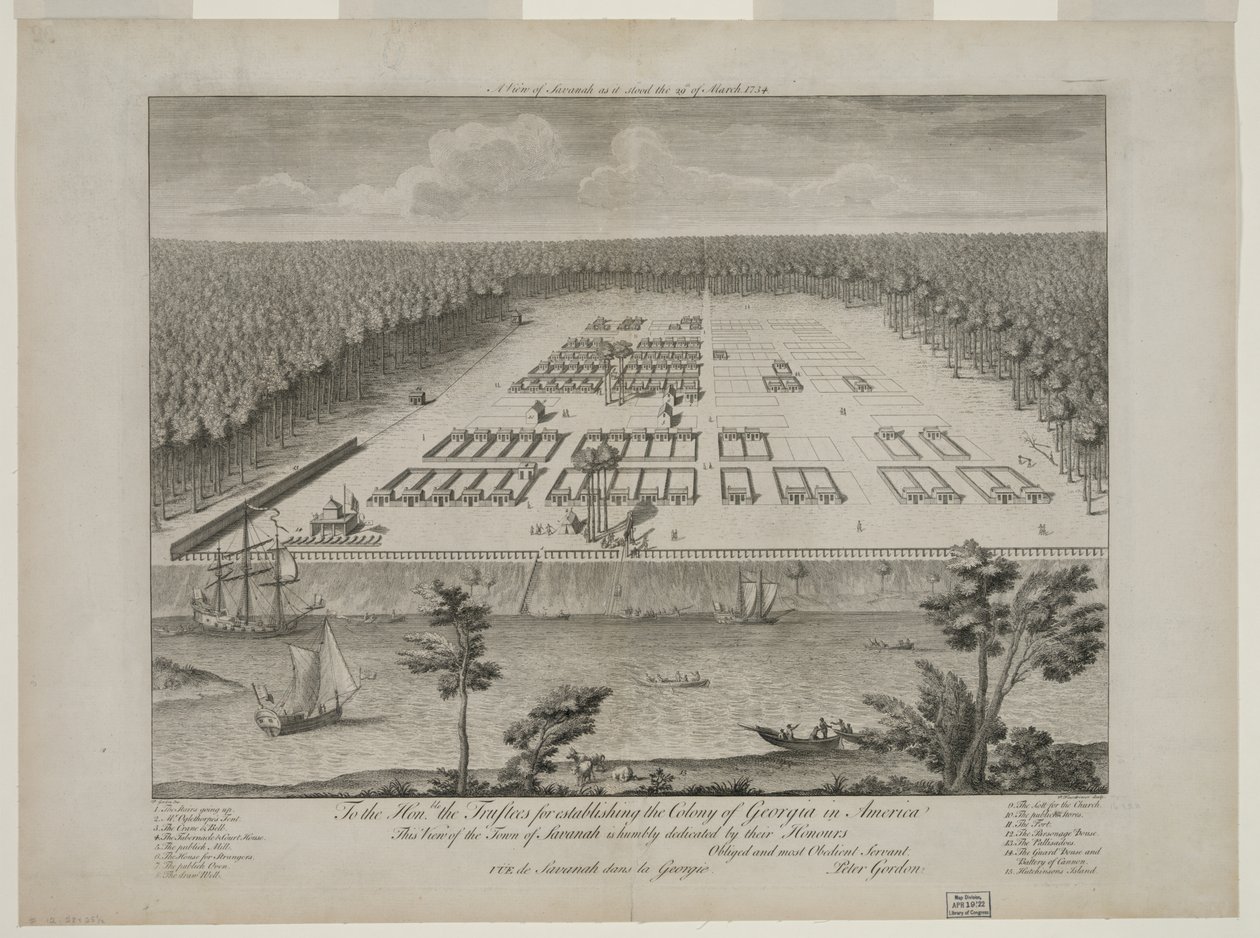 A View of Savannah as it stood on the 29th March 1734, engraved by P. Fourdrinier, London, c.1735 by Peter Gordon