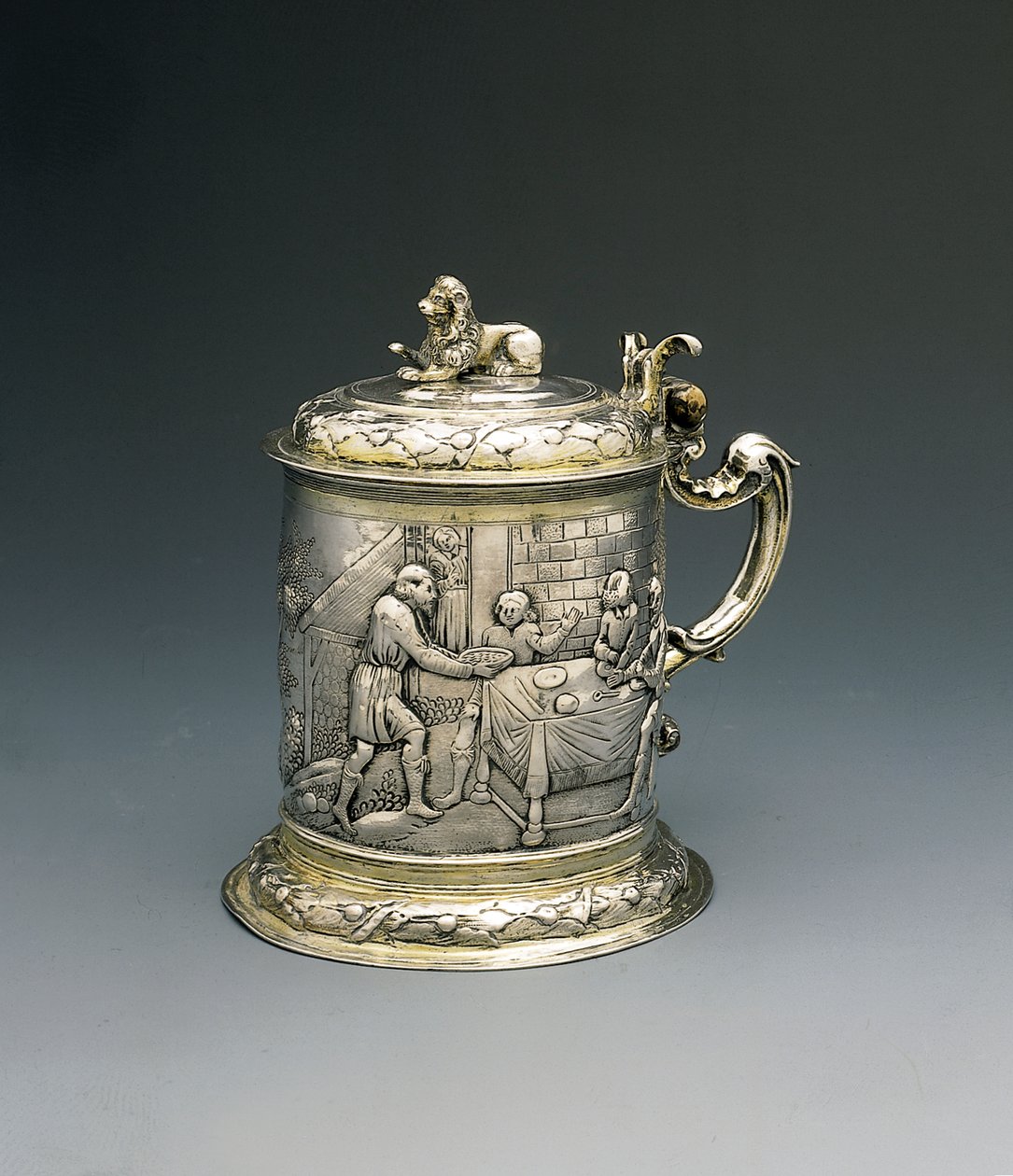 Tankard, the Body Repousse and Chased with Jacob Wrestling with the Angel, and Abraham and Sarah Giving Hospitality to the Trinity, Danzig, c.1690 by Peter III Rohde