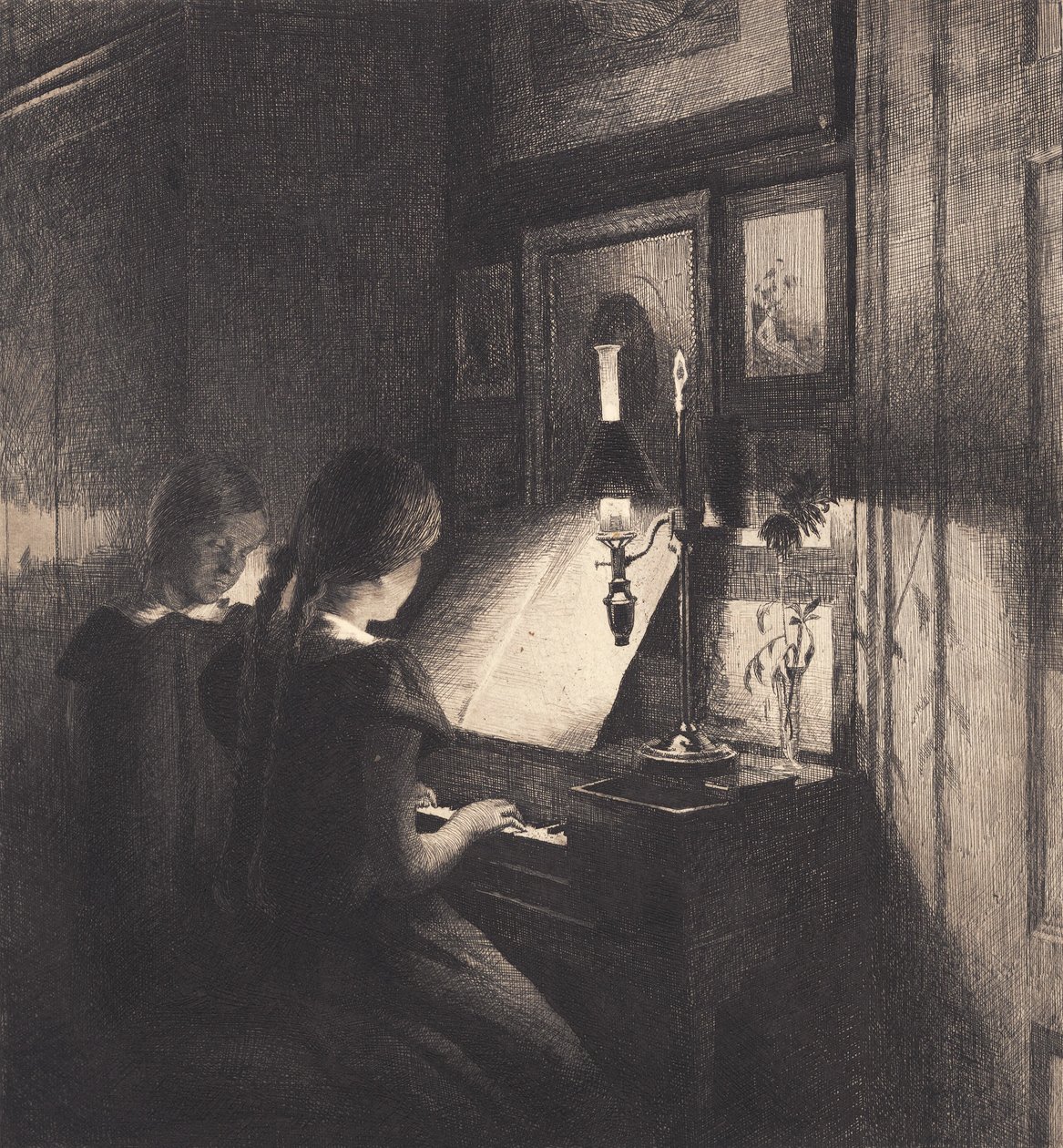 Two Little Girls at a Piano by Peter Vilhelm Ilsted