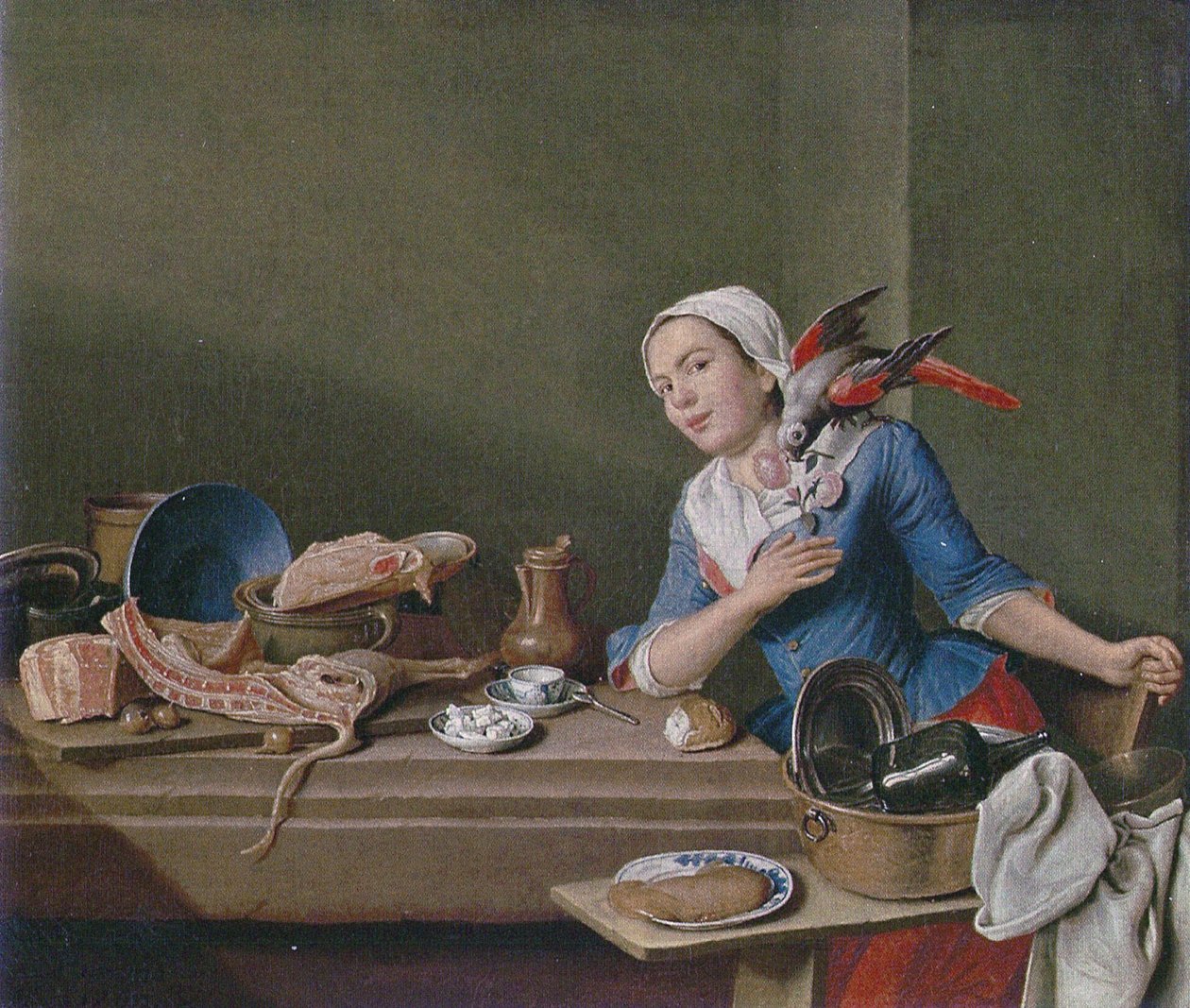 Kitchen Still Life with Female Figure and Parrot (The Feeling) by Peter Jacob Horemans