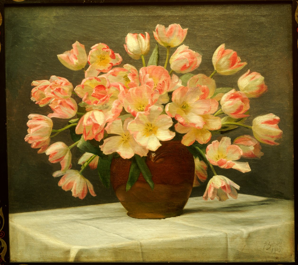 Tulips in a Vase on a Draped Table by Peter Johan Schou