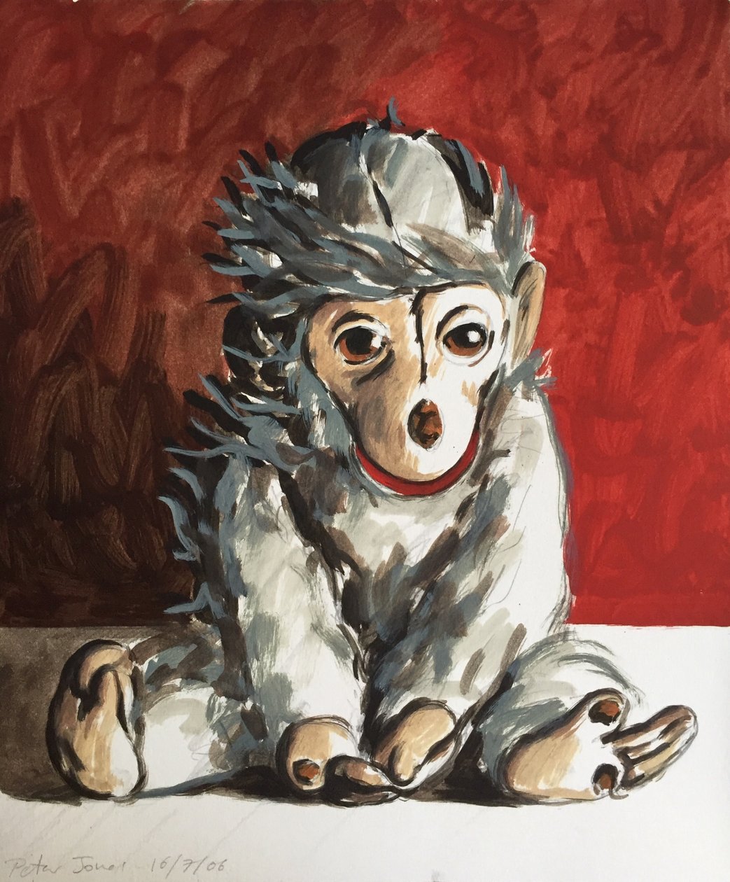 White Monkey on Red by Peter Jones
