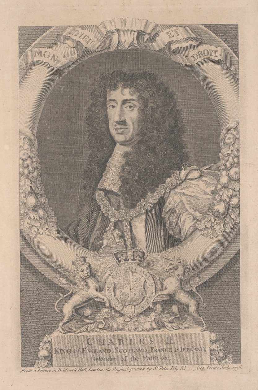 Charles II, King of England, Scotland, France and Ireland, engraved by George Vertue by Peter Lely